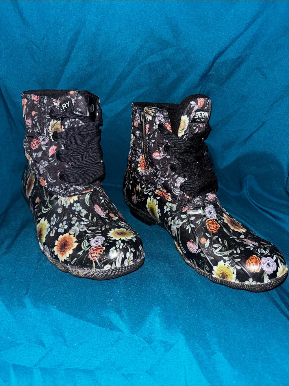 Sperry Black Floral Lace-Up Ankle Boots